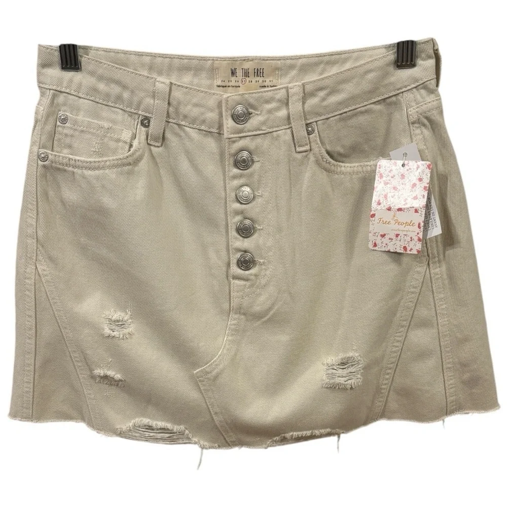 NWT Free People Distressed A-Line Denim Button Up Skirt Woman’s Sz 27